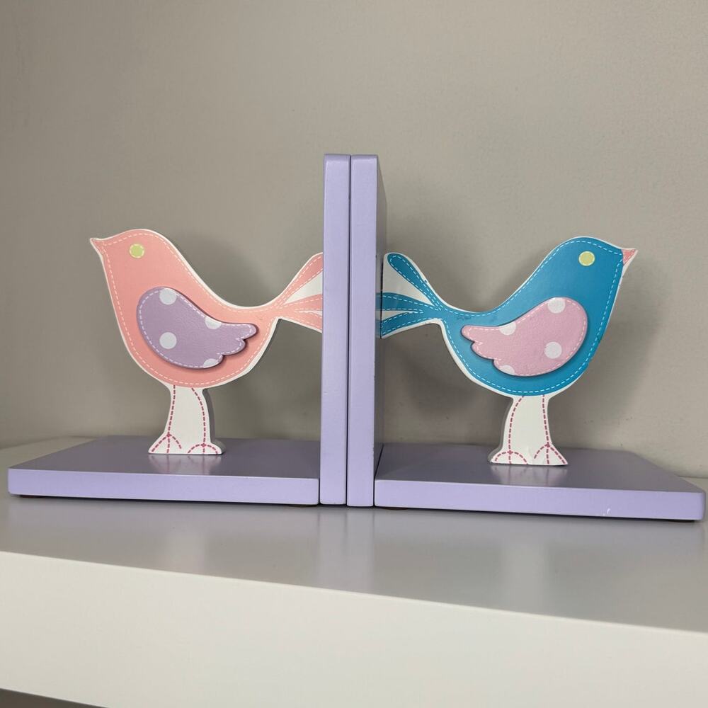 Bird Wooden Bookends Nursery Kids Room Pink Blue Lavender Decor Pair Whimsical